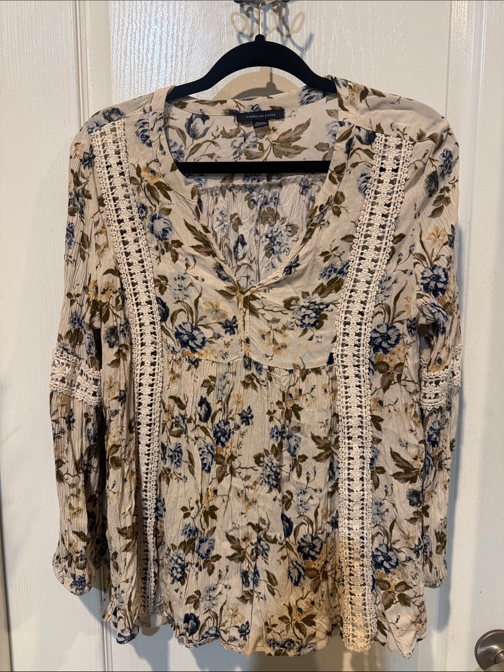 Cream Floral Crochet-Trim Peasant Tunic with Blue & Olive Accents